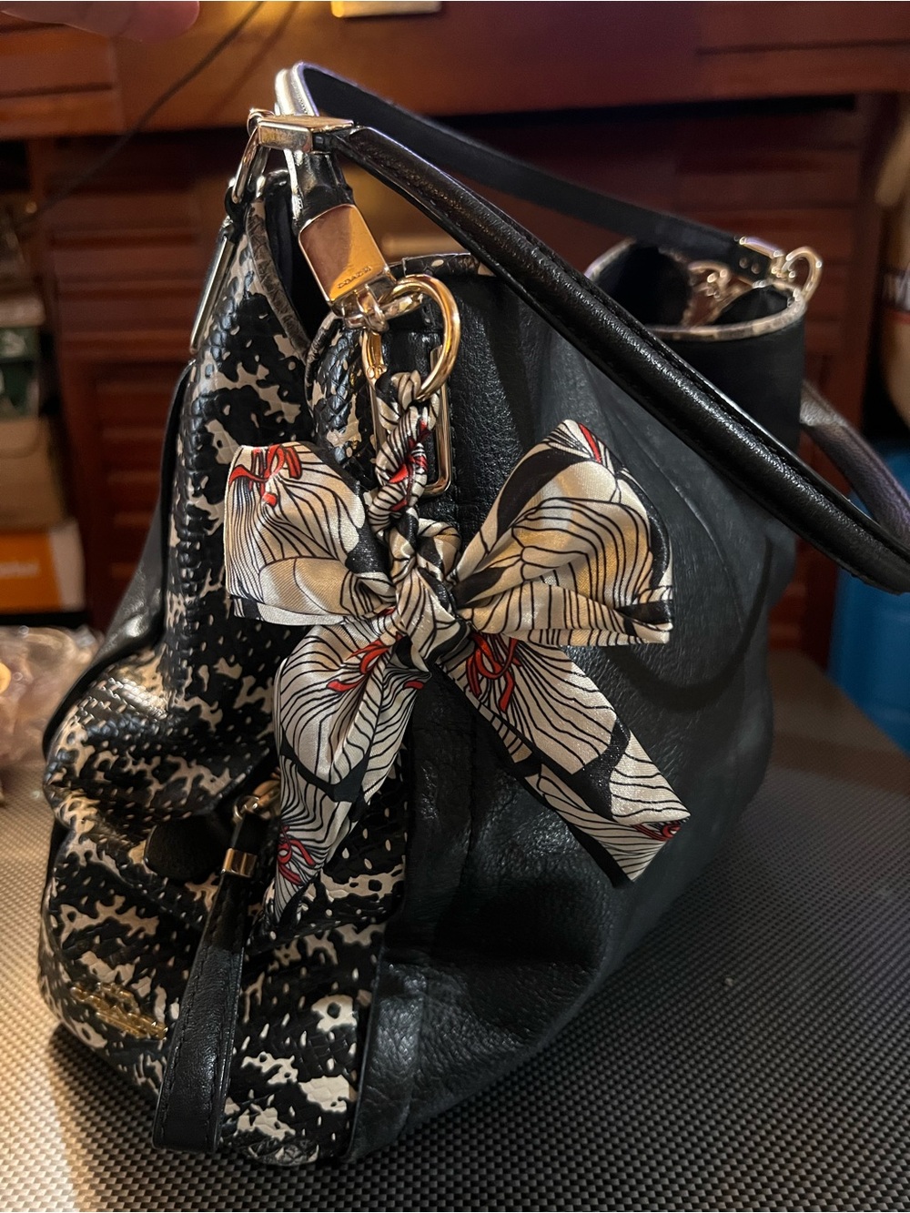Coach Classic Black Shoulder Bag with Patterned Side Panels